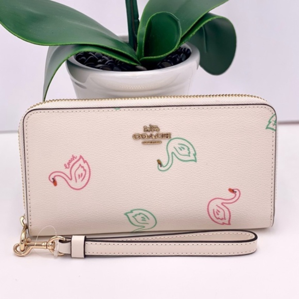 Coach Swan Print Long Zip Around Wallet Wristlet